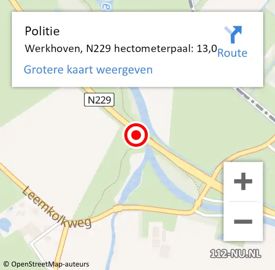 Locatie op kaart van de 112 melding: Politie Werkhoven, N229 hectometerpaal: 13,0 op 19 december 2014 11:22