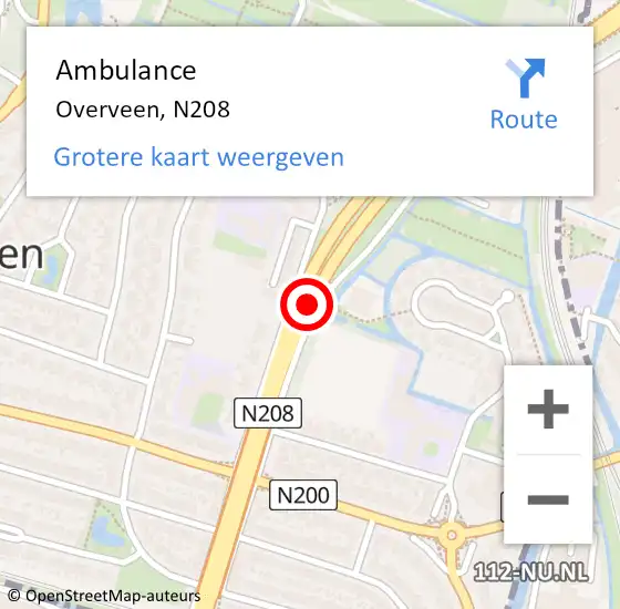 Locatie op kaart van de 112 melding: Ambulance Overveen, N208 op 19 december 2014 11:51