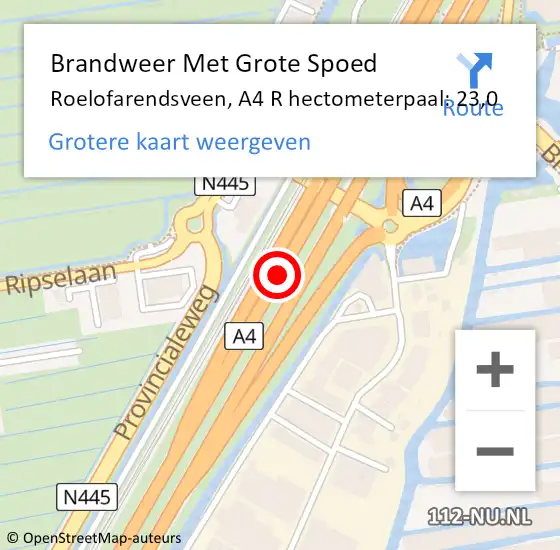Locatie op kaart van de 112 melding: Brandweer Met Grote Spoed Naar Roelofarendsveen, A4 R hectometerpaal: 22,7 op 20 december 2014 01:44