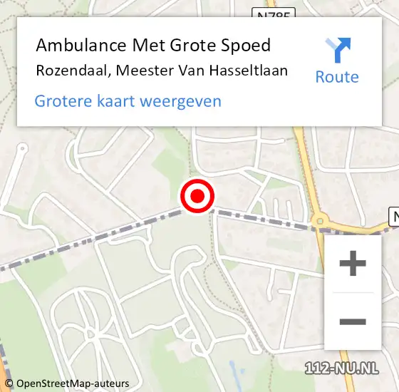 Locatie op kaart van de 112 melding: Ambulance Met Grote Spoed Naar Rozendaal, Meester Van Hasseltlaan op 20 december 2014 13:43