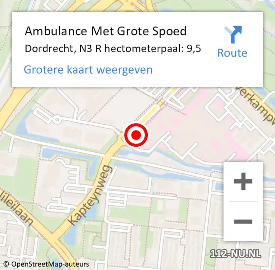 Locatie op kaart van de 112 melding: Ambulance Met Grote Spoed Naar Dordrecht, N3 R hectometerpaal: 9,5 op 20 december 2014 15:14