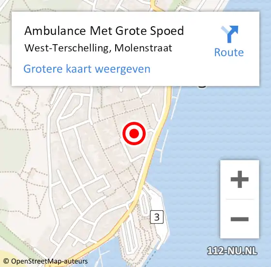 Locatie op kaart van de 112 melding: Ambulance Met Grote Spoed Naar West-Terschelling, Molenstraat op 22 december 2014 00:46