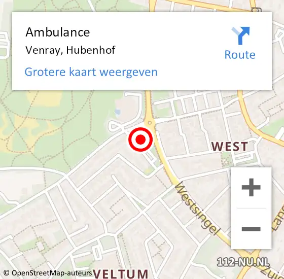 Locatie op kaart van de 112 melding: Ambulance Venray, Hubenhof op 22 december 2014 09:03