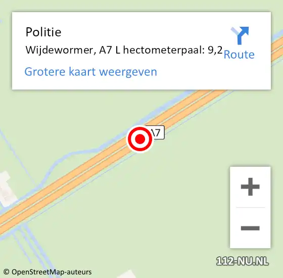 Locatie op kaart van de 112 melding: Politie Wijdewormer, A7 L hectometerpaal: 13,0 op 22 december 2014 12:13