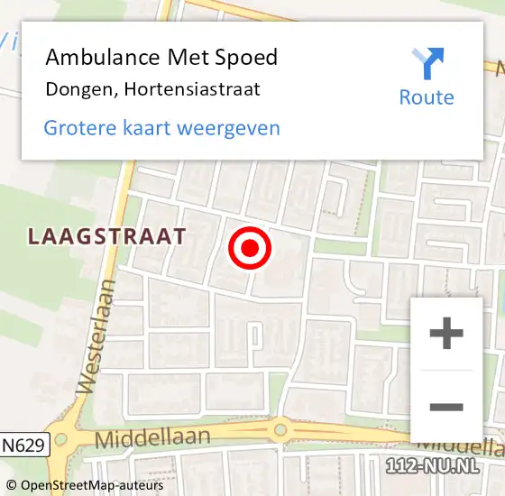 Locatie op kaart van de 112 melding: Ambulance Met Spoed Naar Dongen, Hortensiastraat op 24 december 2014 07:27