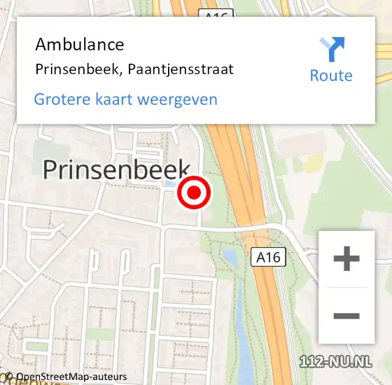 Locatie op kaart van de 112 melding: Ambulance Prinsenbeek, Paantjensstraat op 24 december 2014 12:50