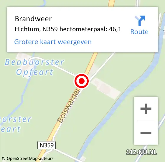 Locatie op kaart van de 112 melding: Brandweer Hichtum, N359 hectometerpaal: 46,1 op 26 december 2014 00:20