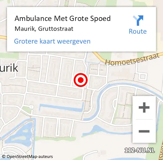 Locatie op kaart van de 112 melding: Ambulance Met Grote Spoed Naar Maurik, Gruttostraat op 27 december 2014 19:36