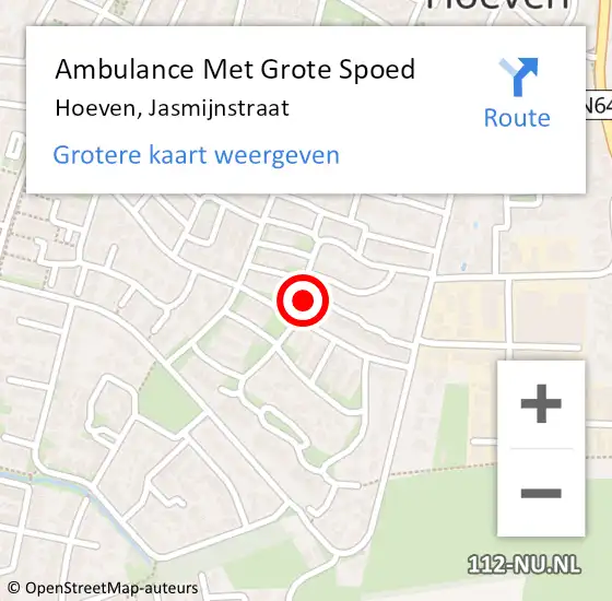 Locatie op kaart van de 112 melding: Ambulance Met Grote Spoed Naar Hoeven, Jasmijnstraat op 28 december 2014 11:39