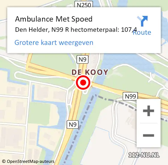 Locatie op kaart van de 112 melding: Ambulance Met Spoed Naar Den Helder, N99 R hectometerpaal: 107,4 op 29 december 2014 14:27