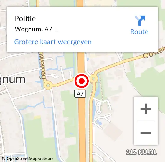 Locatie op kaart van de 112 melding: Politie Wognum, A7 L op 3 januari 2015 15:15