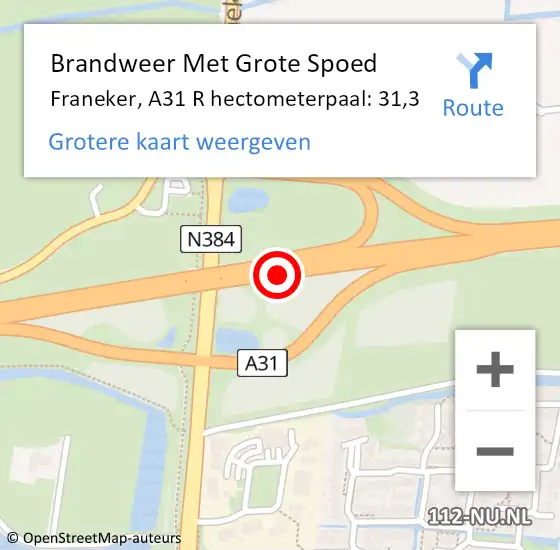 Locatie op kaart van de 112 melding: Brandweer Met Grote Spoed Naar Franeker, A31 R hectometerpaal: 31,3 op 4 januari 2015 17:20