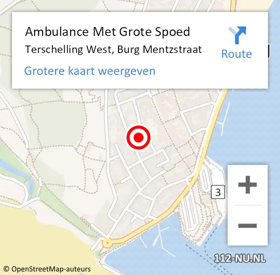 Locatie op kaart van de 112 melding: Ambulance Met Grote Spoed Naar Terschelling West, Burg Mentzstraat op 4 januari 2015 20:57