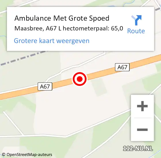 Locatie op kaart van de 112 melding: Ambulance Met Grote Spoed Naar Maasbree, A67 L hectometerpaal: 62,5 op 4 januari 2015 21:38