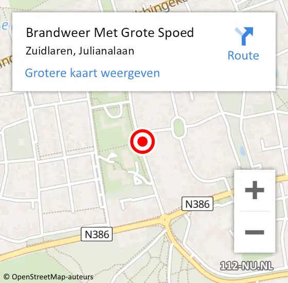 Locatie op kaart van de 112 melding: Brandweer Met Grote Spoed Naar Zuidlaren, Julianalaan op 7 januari 2015 01:23