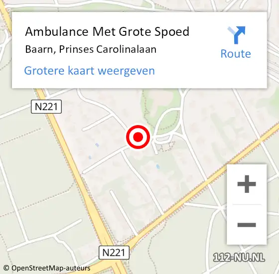 Locatie op kaart van de 112 melding: Ambulance Met Grote Spoed Naar Baarn, Prinses Carolinalaan op 26 oktober 2013 22:07