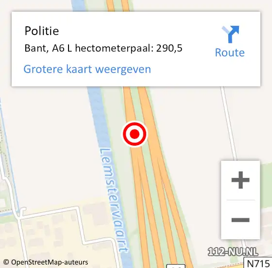 Locatie op kaart van de 112 melding: Politie Bant, A6 L hectometerpaal: 286,6 op 8 januari 2015 18:08