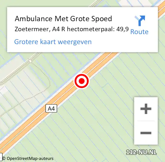 Locatie op kaart van de 112 melding: Ambulance Met Grote Spoed Naar Zoetermeer, A4 R hectometerpaal: 49,9 op 8 januari 2015 18:20