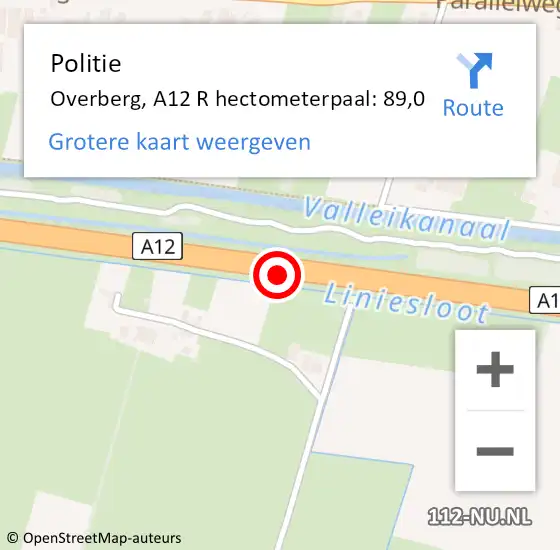 Locatie op kaart van de 112 melding: Politie Overberg, A12 R hectometerpaal: 89,0 op 8 januari 2015 18:20