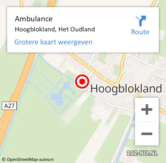 Locatie op kaart van de 112 melding: Ambulance Hoogblokland, Het Oudland op 9 januari 2015 15:21