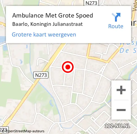 Locatie op kaart van de 112 melding: Ambulance Met Grote Spoed Naar Baarlo, Koningin Julianastraat op 10 januari 2015 21:59
