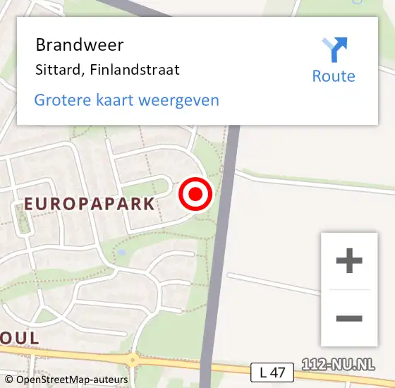 Locatie op kaart van de 112 melding: Brandweer Sittard, Finlandstraat op 13 januari 2015 11:21