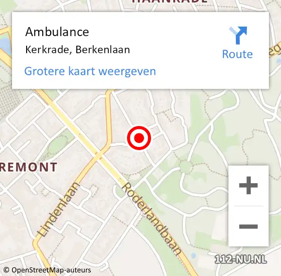 Locatie op kaart van de 112 melding: Ambulance Kerkrade, Berkenlaan op 13 januari 2015 14:26