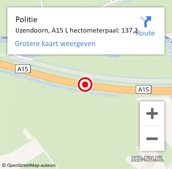 Locatie op kaart van de 112 melding: Politie IJzendoorn, A15 R op 13 januari 2015 19:31