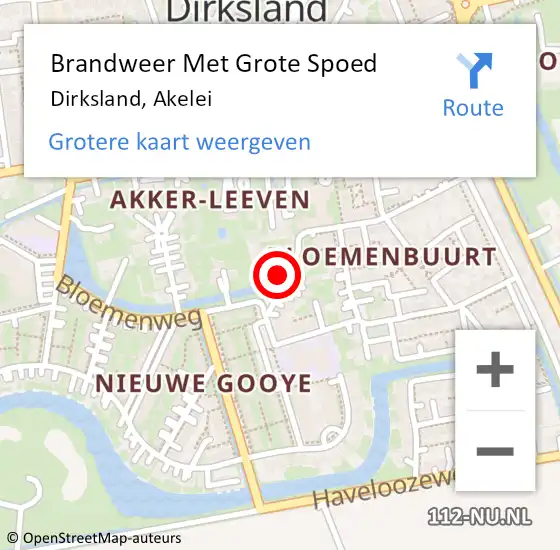 Locatie op kaart van de 112 melding: Brandweer Met Grote Spoed Naar Dirksland, Akelei op 15 januari 2015 06:49