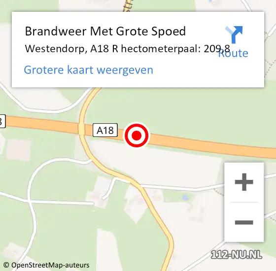 Locatie op kaart van de 112 melding: Brandweer Met Grote Spoed Naar Westendorp, A18 R hectometerpaal: 210,6 op 15 januari 2015 17:41