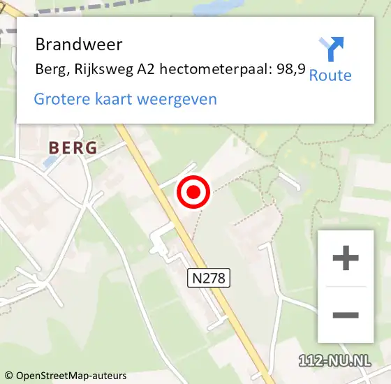 Locatie op kaart van de 112 melding: Brandweer Berg, Rijksweg A2 hectometerpaal: 98,9 op 10 september 2013 21:52