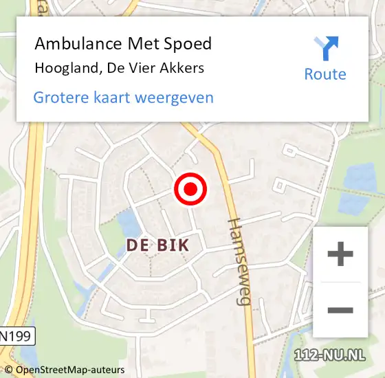 Locatie op kaart van de 112 melding: Ambulance Met Spoed Naar Hoogland, De Vier Akkers op 16 januari 2015 10:59