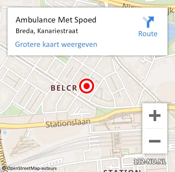 Locatie op kaart van de 112 melding: Ambulance Met Spoed Naar Breda, Kanariestraat op 20 januari 2015 21:31