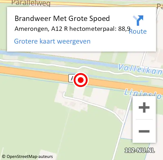 Locatie op kaart van de 112 melding: Brandweer Met Grote Spoed Naar Overberg, A12 R hectometerpaal: 88,5 op 21 januari 2015 20:14