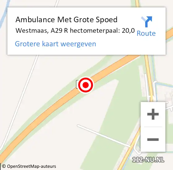 Locatie op kaart van de 112 melding: Ambulance Met Grote Spoed Naar Westmaas, A29 R hectometerpaal: 20,0 op 21 januari 2015 21:25