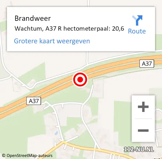 Locatie op kaart van de 112 melding: Brandweer Wachtum, A37 R hectometerpaal: 20,6 op 23 januari 2015 07:30