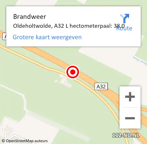 Locatie op kaart van de 112 melding: Brandweer Oldeholtwolde, A32 L hectometerpaal: 38,0 op 25 januari 2015 00:50