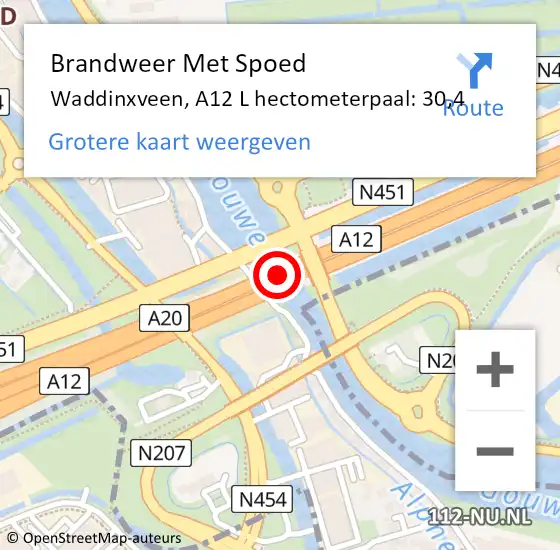 Locatie op kaart van de 112 melding: Brandweer Met Spoed Naar Waddinxveen, A12 L hectometerpaal: 29,6 op 25 januari 2015 17:49