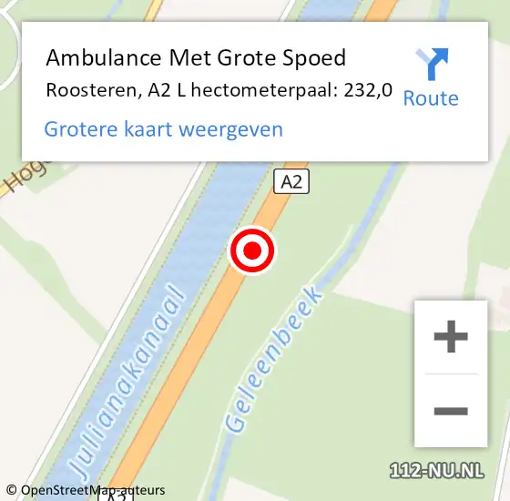 Locatie op kaart van de 112 melding: Ambulance Met Grote Spoed Naar Roosteren, A2 R hectometerpaal: 227,7 op 25 januari 2015 18:46