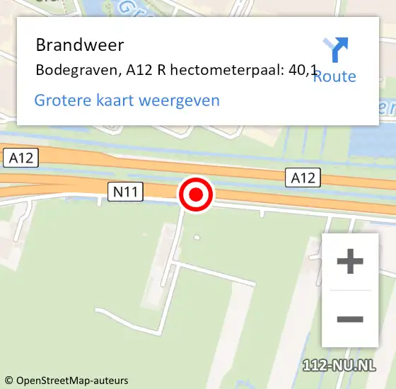 Locatie op kaart van de 112 melding: Brandweer Bodegraven, A12 R hectometerpaal: 40,1 op 25 januari 2015 22:39