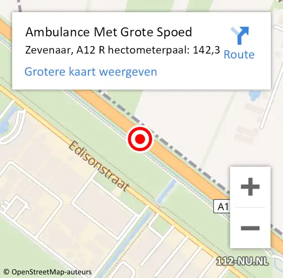 Locatie op kaart van de 112 melding: Ambulance Met Grote Spoed Naar Zevenaar, A12 R hectometerpaal: 143,9 op 26 januari 2015 21:52
