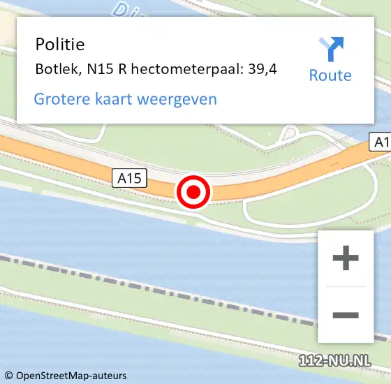 Locatie op kaart van de 112 melding: Politie Botlek, N15 R hectometerpaal: 39,4 op 27 januari 2015 12:04