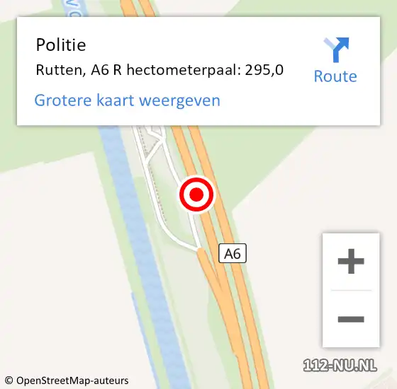 Locatie op kaart van de 112 melding: Politie Rutten, A6 R hectometerpaal: 289,5 op 30 januari 2015 09:07