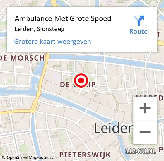 Locatie op kaart van de 112 melding: Ambulance Met Grote Spoed Naar Leiden, Sionsteeg op 31 januari 2015 08:30