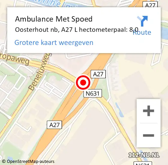 Locatie op kaart van de 112 melding: Ambulance Met Spoed Naar Oosterhout nb, A27 L hectometerpaal: 8,0 op 1 februari 2015 02:47