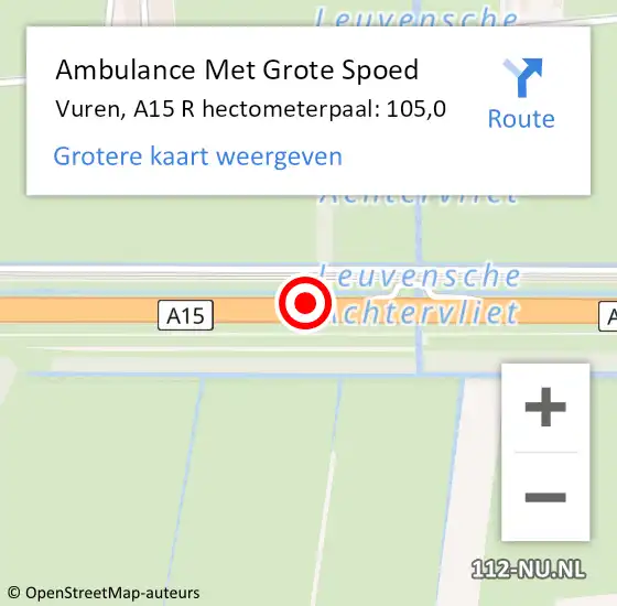 Locatie op kaart van de 112 melding: Ambulance Met Grote Spoed Naar Vuren, A15 R hectometerpaal: 105,0 op 1 februari 2015 03:53