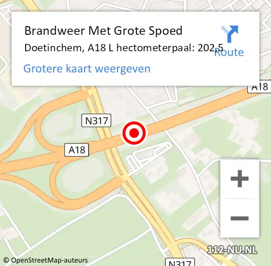 Locatie op kaart van de 112 melding: Brandweer Met Grote Spoed Naar Doetinchem, A18 L hectometerpaal: 202,5 op 1 februari 2015 05:16