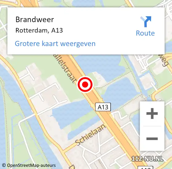 Locatie op kaart van de 112 melding: Brandweer Rotterdam, A13 op 1 februari 2015 18:43