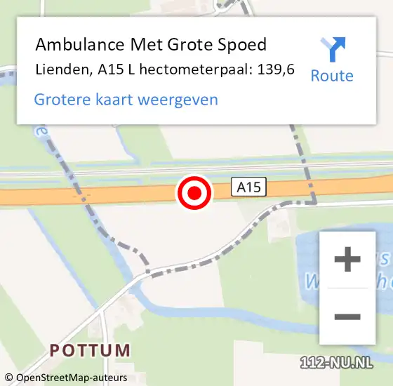 Locatie op kaart van de 112 melding: Ambulance Met Grote Spoed Naar Lienden, A15 L hectometerpaal: 139,6 op 1 februari 2015 22:07