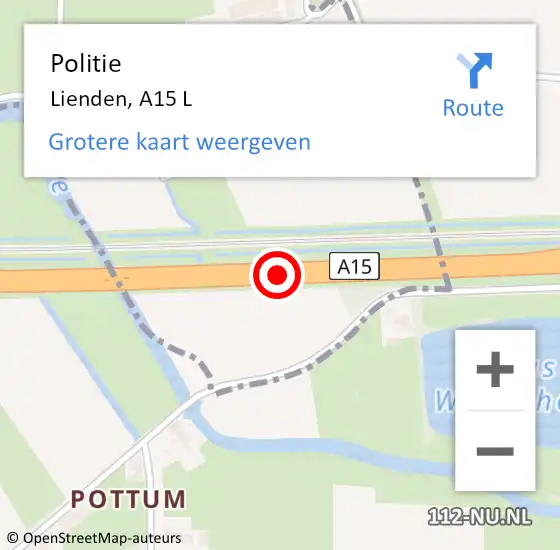 Locatie op kaart van de 112 melding: Politie Lienden, A15 L op 1 februari 2015 22:08